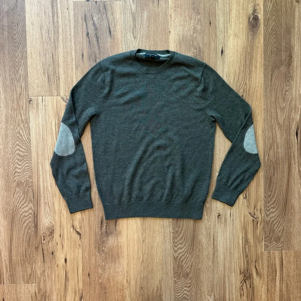 Banana Republic Mens Merino Wool Crewneck Sweater Green Elbow Patches Size M